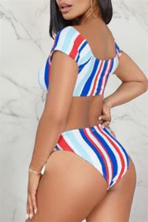 Lovely Striped Multicolor Two Piece Swimwearlw Fashion Online For Women Affordable Womens