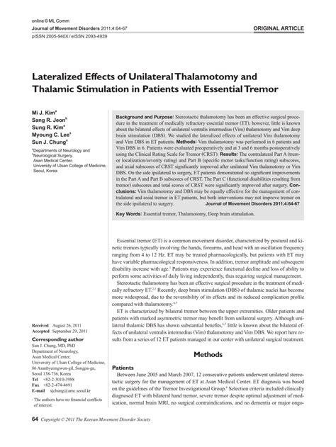 Pdf Lateralized Effects Of Unilateral Thalamotomy And Thalamic