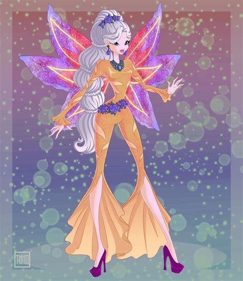 A Drawing Of A Fairy With Long Blonde Hair And Purple Wings Standing