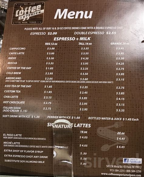 Coffee Emporium menu in El Paso, Texas, USA