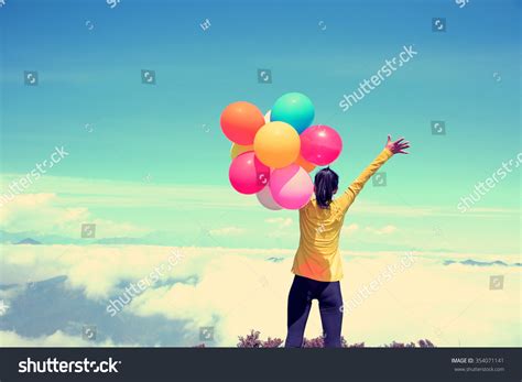 Young Cheering Woman Colorful Balloons On Stock Photo Edit Now 354071141
