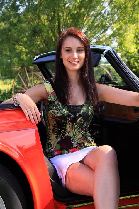 Beautiful Brunette Girl Classic Car Editorial Stock Image Image Of