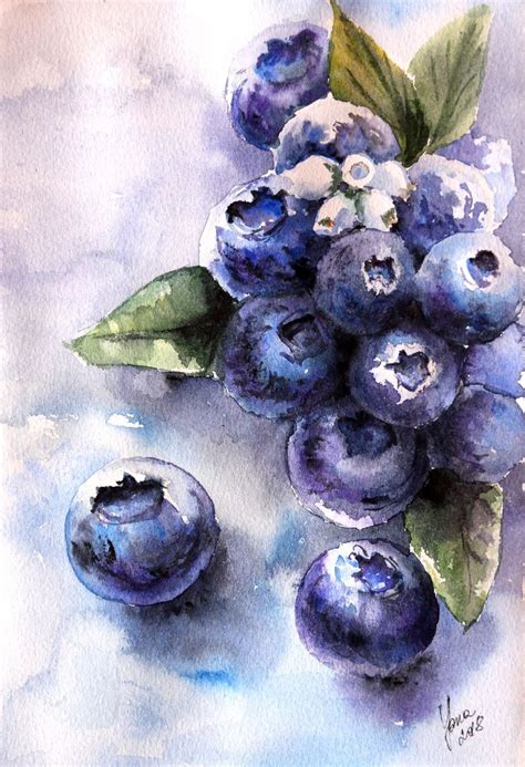 Blueberries Original Watercolor Painting Food Art Watercolour By Yana