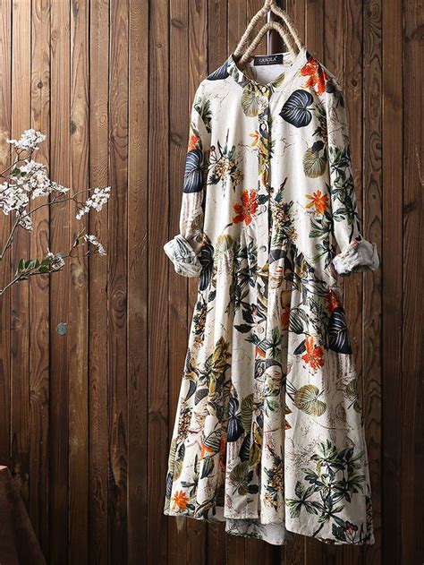 Leaves Floral Print Pleated Long Sleeve Vintage Dress ...