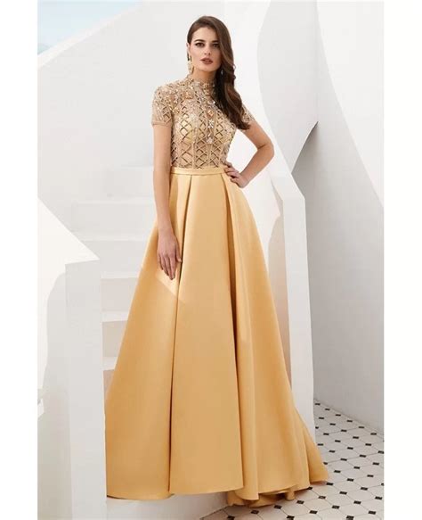 Gorgeous Long Gold Formal Prom Dress With Beading Sleeves F005c