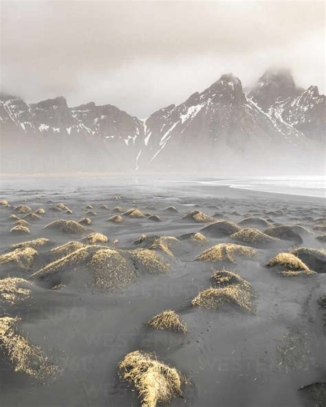 Aerial View Of Vestrahorn Mountain In Winter In Iceland Stock Photo