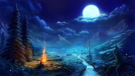 Fantasy Art Fire Night Dead Trees Nature 720p Moon Campfire