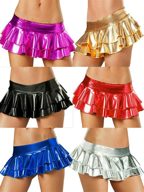 Luethbiezx Women Lingerie Micro Mini Dress Bodycon Dance Club Skirt Metallic Pu Leather