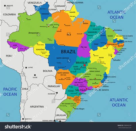 Colorful Brazil Political Map Clearly Labeled стоковая векторная