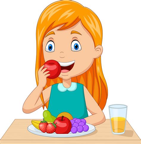menina comendo frutas na mesa 5151798 vetor no vecteezy