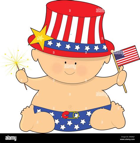 A Cute Baby Holding The American Flag On The Fourth Of July Stock