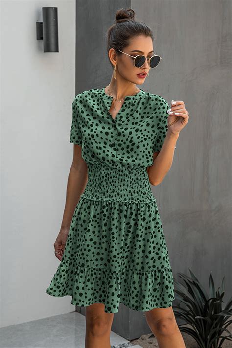 Hualong Cute Short Sleeve Printed Green Short Summer Dresses 1 Ruffle