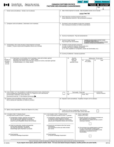 Free Canadian Commercial Invoice Template Form Ci1 Pdf Eforms
