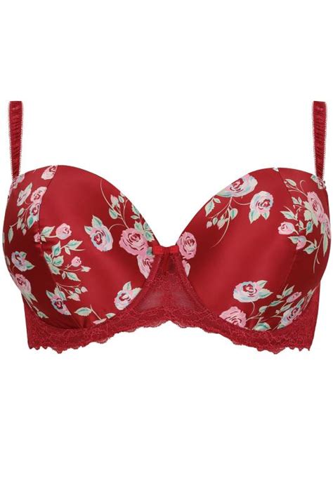Red Satin Floral Print Underwired Plunge Bra Yours Clothing