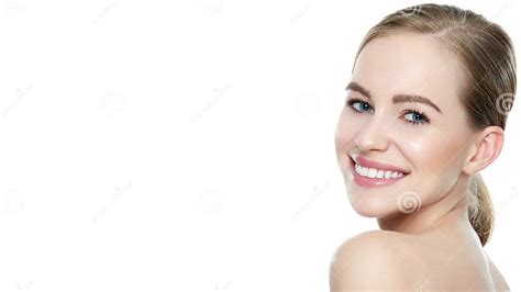 Beautiful Young Blond Smiling Woman With Clean Skin Natural Make Up And Perfect White Teeth