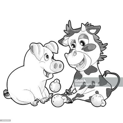 Adegan Kartun Sketsa Dengan Anak Sapi Dan Babi Yang Tampak Lucu Bermain