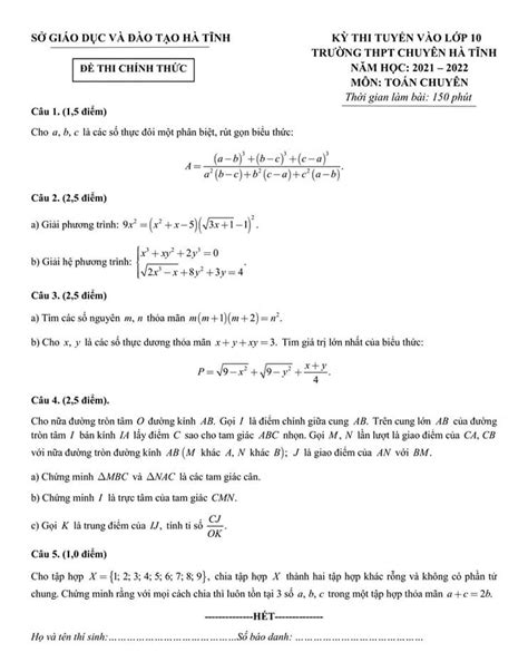 Đáp án đề thi chuyên Toán vào 10 Hà Tĩnh năm học 2021 2022