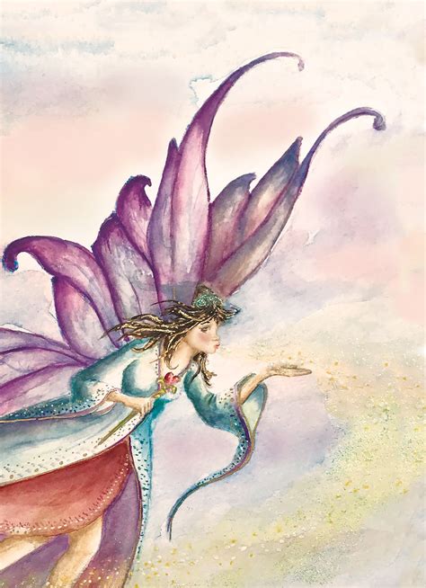 Watercolor Fairy Faery Painting Colorful Fantasy Art Purple Teal