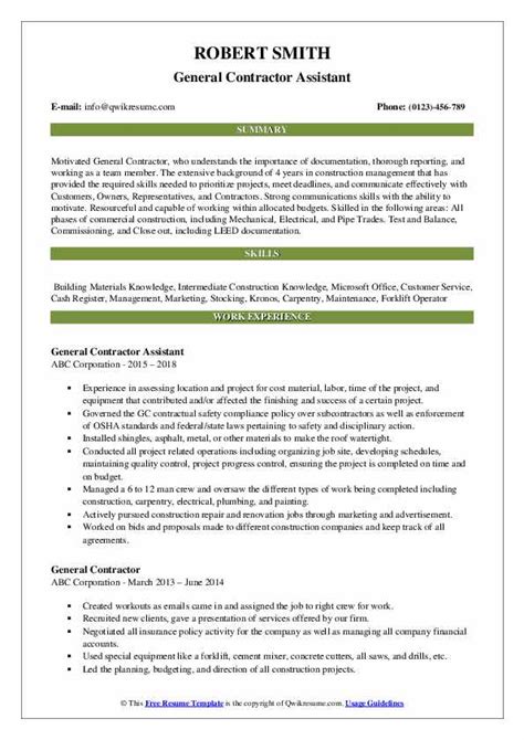 Best resume objective examples examples of some of our best resume objectives, including resume samples, free to use for if you are writing a resume or cv for a personal assistant job, your objective statement can make a great difference on the strength and ability of your resume to get you. General Contractor Resume Samples | QwikResume