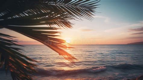 Tropical Summer Seascape With Palm Leaves Beach And Paradise Ocean On
