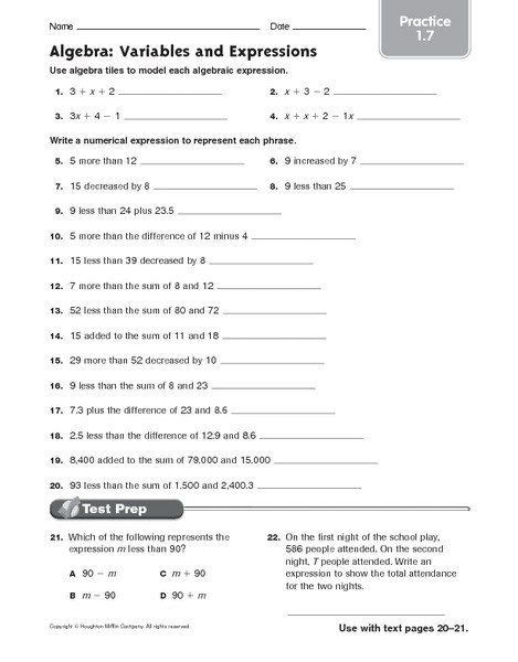 Evaluating Expressions Worksheet 9th Grade