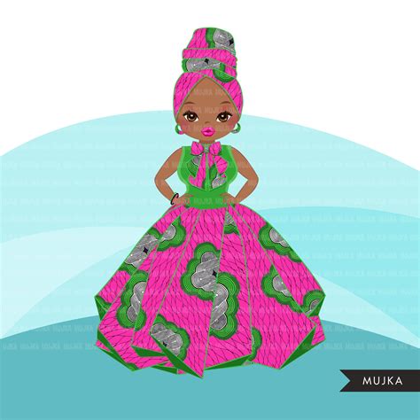 Black Woman Clipart Avatar Ankara Pink And Green Print Bow Tie And Skir