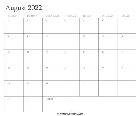 August 2022 Calendar Printable With Holidays