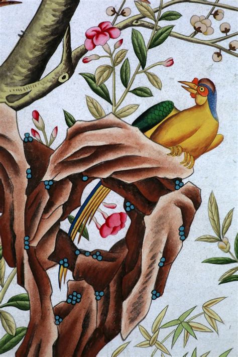 Chinoiserie Hand Painted Wallpaper Panels Of Birds And Spring Blossom