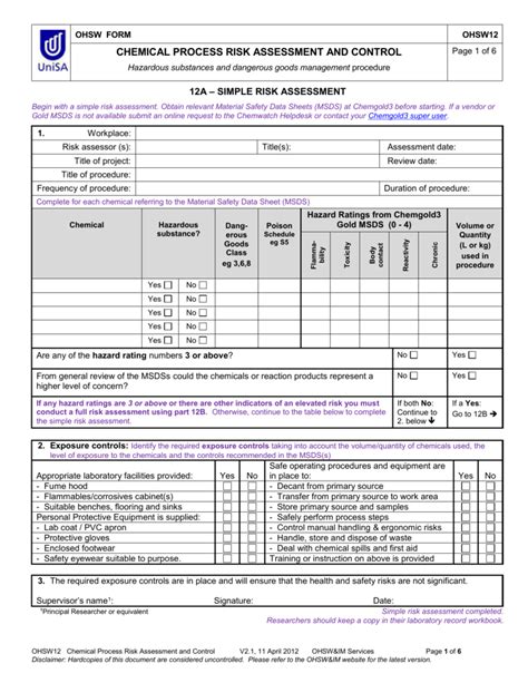 Ohsw Chemical Process And Risk Assessment Form
