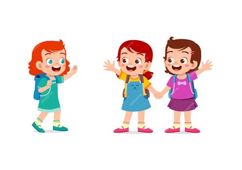 Premium Vector Little Kid Say Hello To Friend And Go To School Together