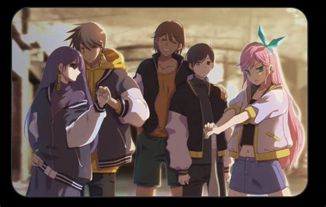 Several Anime Characters Standing Together In Front Of A Building