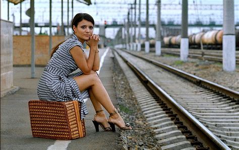 waiting for the train model brunette tracks suitcase hd wallpaper peakpx