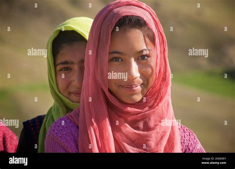 Muslim Teenage Girls In Colourful Headcloth Road Into Kargil Ladakh