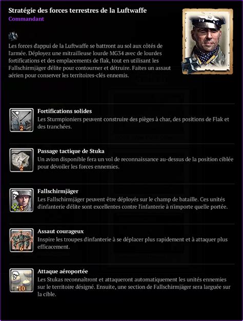 Each army has distinctive tactical gameplay options, new infantry, team weapons, vehicles, abilities and upgrades on a total of eight seasonal multiplayer maps set on the western front. Liste de tous les Commandants - CoH 2 - Guides - Company of Heroes France