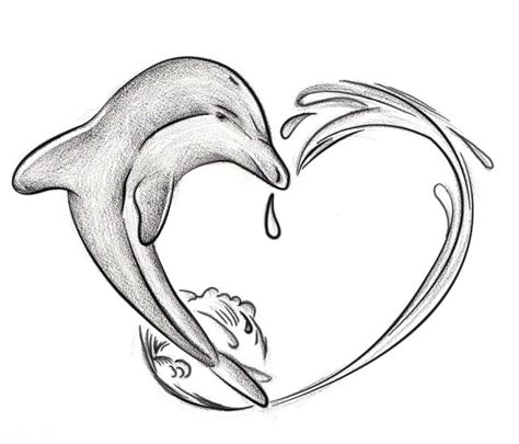 Grey Ink Dolphin And Water Splash Forming A Heart Tattoo Design