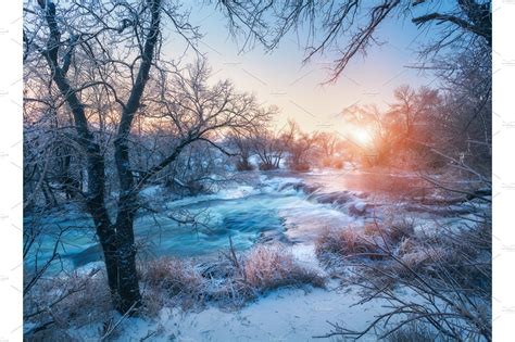 Winter Landscape With Snowy Trees Ice Beautiful Frozen River ~ Nature