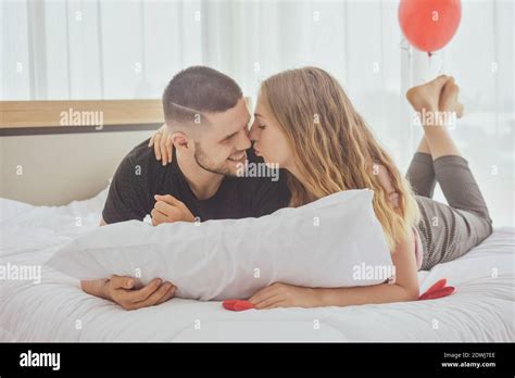 Young Couple Sweet Love In Bed Room Morning Soft Focus