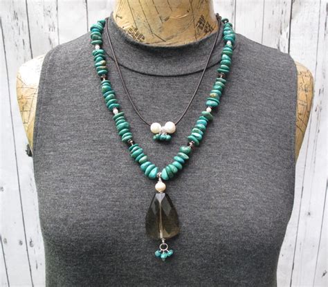 Necklace With Turquoise Sterling Silver Brown Beads Pearls Etsy