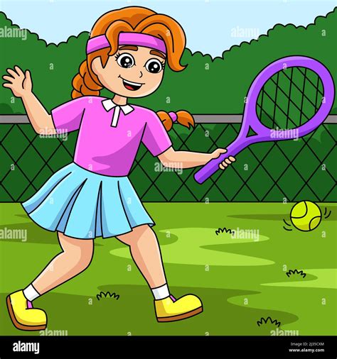 Girl Playing Tennis Colored Cartoon Illustration Stock Vector Image