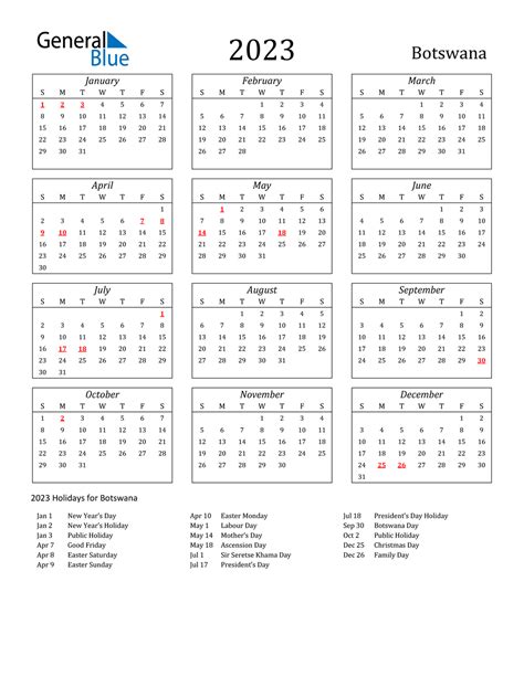 2023 Botswana Calendar With Holidays