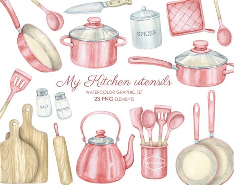 Watercolor Pink Kitchen Clipart Pots And Pans Kitchen Etsy