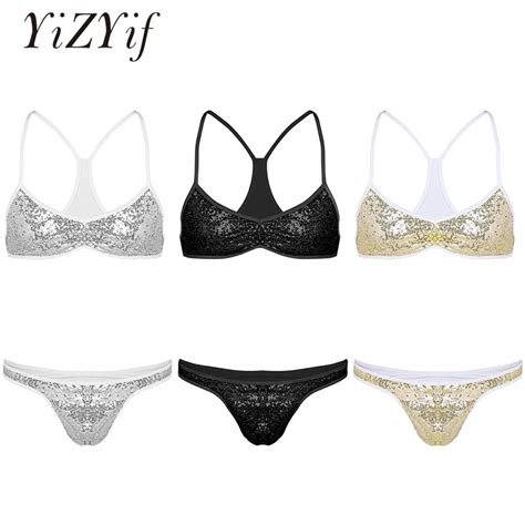 Yizyif Mens Shiny Sequins Sissy Panties And Bra Gay Sexy Lingerie Set Spaghetti Strap Cross Back