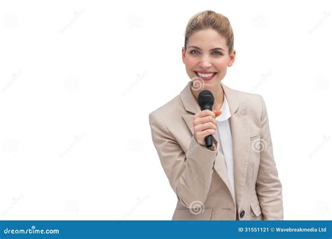 Smiling Businesswoman Holding Microphone Stock Image Image Of
