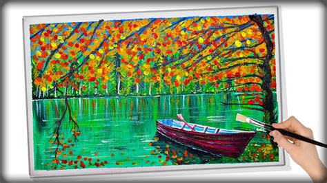 Beautiful Lake And Boat Painting Acrylic Landscape Painting Youtube