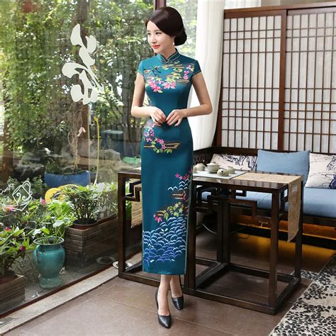 Shanghai Story Long Cheongsam Faux Silk Chinese High Split Qipao Dress