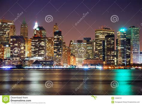 New York City Night Skyline Panorama Stock Image Image