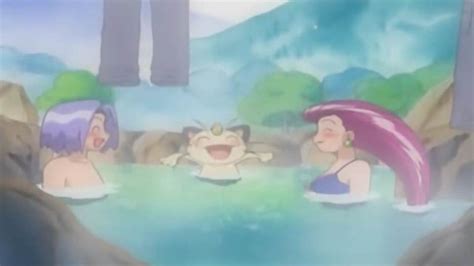 Jessie James And Meowth Relax In A Hot Spring As Their Trousers Float