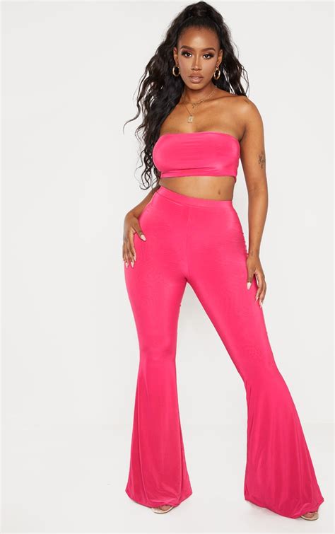 Shape Hot Pink Slinky Flared Pants Curve Prettylittlething Usa
