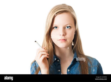 Teenage Girl With Cigarette Isolated On White Stock Photo Alamy