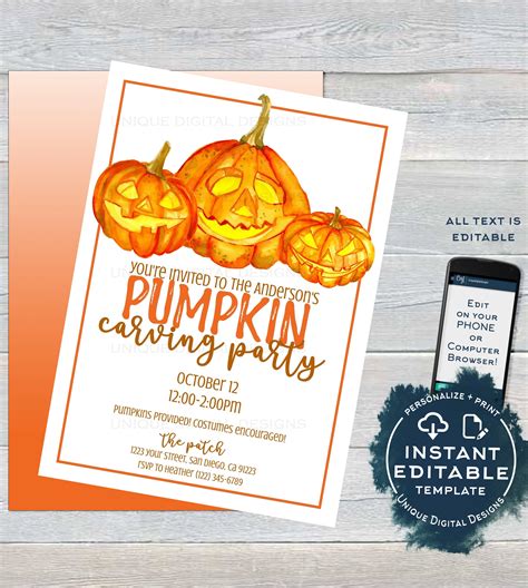 Pumpkin Carving Party Invitation Editable Halloween Pumpkin Patch Inv
